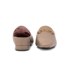 Scarlett Chase Weston Mule in Taupe Napa with floral lining and an SC gold accessory | Front and back view on white background