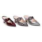 Scarlett Chase bordeaux patent, Gray python, silver lame Italian Leather with a Silver Buckle Audrey 55 pump with an adjustable buckle strap and a block heel | 3/4 of all 3 single shoes lined up on white background