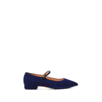 Scarlett Chase Belle Ballet Flat in Navy Suede with an adjustable Mary-Jane strap | Profile on white background