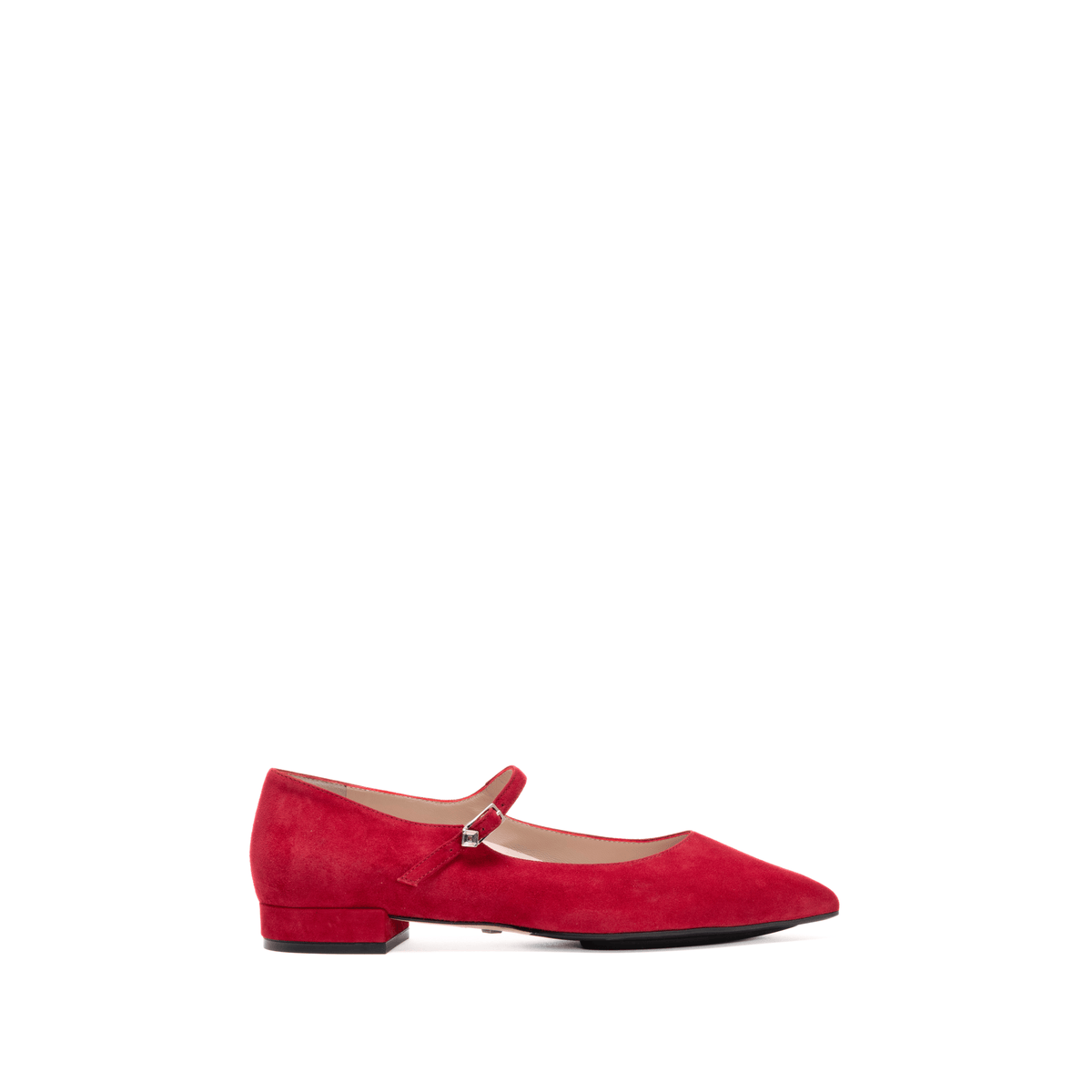 Scarlett Chase Belle Ballet Flat Red Suede with an adjustable Mary-Jane strap | Profile on white background