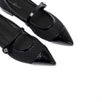 Scarlett Chase noir mesh upper with italian patent leather Brie Ballet with a 3/4 elastic contrast Mary Jane strap, leather contrast trim, and contrast toe cap | 3/4 view obstructed side by side facing to the right