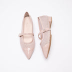 Scarlett Chase Chantilly mesh upper with italian patent leather Brie Ballet with a 3/4 elastic contrast Mary Jane strap, leather contrast trim, and contrast toe cap | top down side by side left facing foward right on side showing strap closure on white background