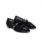 Scarlett Chase noir mesh upper with italian patent leather Brie Ballet with a 3/4 elastic contrast Mary Jane strap, leather contrast trim, and contrast toe cap | 3/4 view side by side facing right on white background