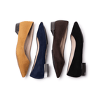 Scarlett Chase camel / tortoise, navy / silver, chocolate / tortoise, black / gunmetal italian suede Brigid ballet flat with a contrast heel and V-cut upper | 4 shoes all lined up top down view 2 on their left side heel to toe and 2 on their right side toe to heel