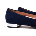 Scarlett Chase navy / silver italian suede Brigid ballet flat with a contrast heel and V-cut upper | side profile of pair front shoe 3/4 visible in the back section detail on heel