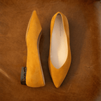 Scarlett Chase camel / tortoise italian suede Brigid ballet flat with a contrast heel and V-cut upper | Top down view left show on side right shoe heel to toe upright