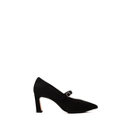 Scarlett Chase Brooke 75 Pump with a block heel and adjustable  rhinestone Mary Jane buckle strap | Black suede on white background