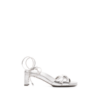 Scarlett Chase silver metallic nap leather Cali 45 dress sandal with wrap-around ties and a gathered front | Profile on white background