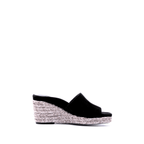 Scarlett Chase Capri Wedge Sandal with a mesh-lined upper and handroped wedge bottom | single wedge sandal in black suede, side view on white background