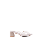 Scarlett Chase Carmel 45 contrast block heel sandal with a mesh-lined upper | Panna Cotta leather, single sandal side view on white background