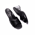 Scarlett Chase Carmel 45 contrast block heel sandal with a mesh-lined upper | black leather, overhead view of pair of sandals on white background (one sandal laying on its side, the other is upright)
