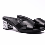 Scarlett Chase Carmel 45 contrast block heel sandal with a mesh-lined upper | black leather, side view of pair on white background