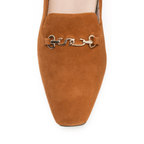 Scarlett Chase cognac suede Chase loafer with SC accessory and floral lining | Overhead view of toe detail on white background