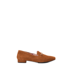 Scarlett Chase  cognac suede chase loafer with champagne SC accessory and floral lining | Profile on white background