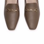 Scarlett Chase dark taupe napa Chase loafer with champagne SC accessory  and floral lining| Overhead view toe detail on white background
