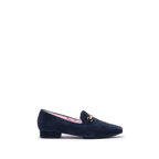Scarlett Chase navy suede Chase loafer with champagne SC accessory and floral lining | Profile on white background