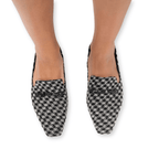 Scarlett Chase houndstooth textile upper Chase loafer with SC matte black accessory | Overhead view on feet on white background