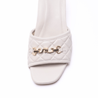 Scarlett Chase Chloe panna cotta napa leather 45 block raffia heel sandal with a mesh-lined quilted upper and SC accessory | Toe detail on white background