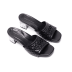 Scarlett Chase Chloe noir napa leather 45 chrome block heel sandal with a mesh-lined quilted upper and SC accessory | Top down view pair side by side facing right on white background