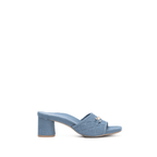 Scarlett Chase Chloe denim linen 45 block heel sandal with a mesh-lined quilted upper and SC accessory | Profile on white background