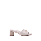 Scarlett Chase Chloe panna cotta napa leather 45 raffia block heel sandal with a mesh-lined quilted upper and SC accessory | Profile on white background