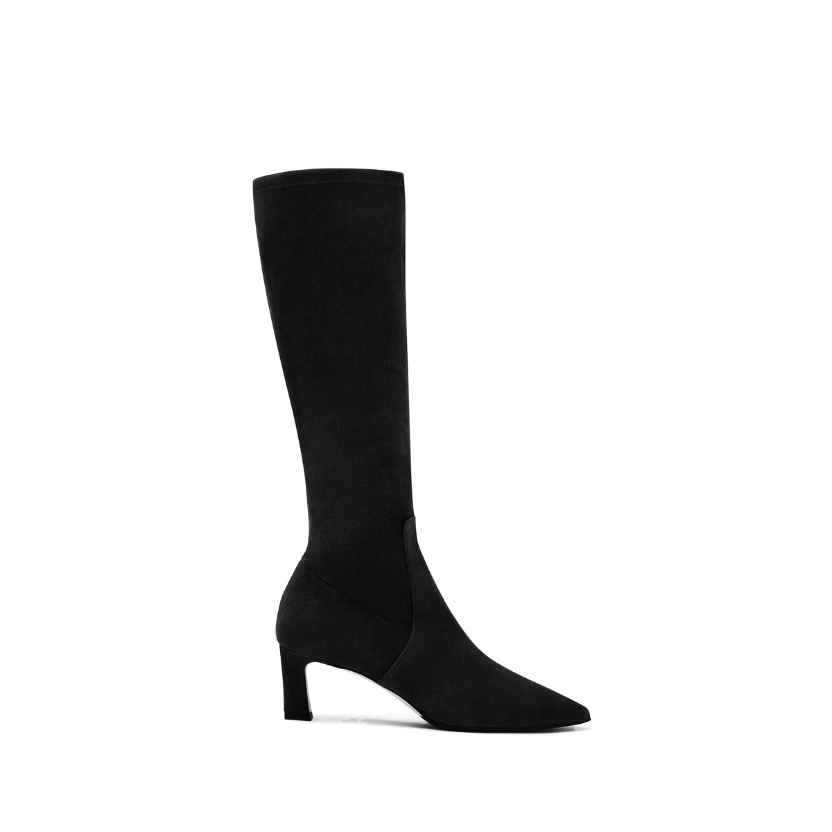 Scarlett Chase knee-high black stretch italian suede Clara 55 boot with a block heel | Profile on white background
