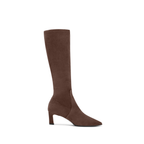 Clara 55 Scarlett Chase knee-high chocolate stretch suede Clara 55 boot with a block heel | Profile on white background