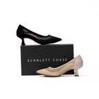 Scarlett Chase Black, Taupe Grace 55 Mesh Pump with a rounded upper and sculpted heel |  Profile on white background with SC box