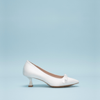 Scarlett Chase Gloria 55 White Satin Pump with a rounded upper, minimalist satin bow, and a sculpted heel | Profile on light blue background 