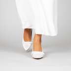 Scarlett Chase Gloria 55 White Satin Pump with a rounded upper, minimalist satin bow, and a sculpted heel | Profile on grey background