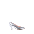 Scarlett Chase silver lame Scarlett Chase Grace 55 Pump with a V-cut upper and sculpted heel | Profile on white background