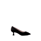 Scarlett Chase black suede Greta 55 Pump with a rounded upper, sculpted heel, and black toe accessory | Profile on white background