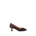 Scarlett Chase chocolate suede Greta 55 Pump with a rounded upper, sculpted heel, and chocolate toe accessory | Profile on white background