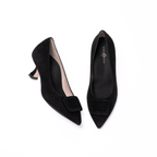 Scarlett Chase black suede Greta 55 Pump with a rounded upper, sculpted heel, and black toe accessory | right shoe 3/4 view left show top down on white background