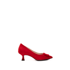 Scarlett Chase Rouge suede Greta 55 Pump with a rounded upper, sculpted heel, and red toe accessory | Profile on white background