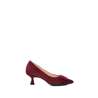 Scarlett Chase bordeaux suede Greta 55 Pump with a rounded upper, sculpted heel, and sangria toe accessory | Profile on white background