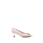 Scarlett Chase nude patent Greta 55 Pump with a rounded upper, sculpted heel, and horn toe accessory | Profile on white background
