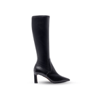 Scarlett Chase knee-high stretch onyx vegan leather Lola 75 boot with a block heel | Profile on white background