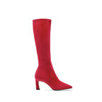 Scarlett Chase knee-high stretch red suede Lola 75 boot with a block heel | Profile on white background