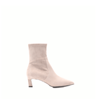 Scarlett Chase ankle stretch champagne suede Maya 55 bootie with a block heel | Profile on white background 