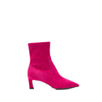 Scarlett Chase ankle stretch bright pink suede Maya 55 bootie with a block heel  |  Profile on white background 