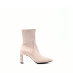 Scarlett Chase ankle stretch champagne suede Portia 75 bootie with a block heel | Profile on white background
