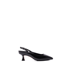 Scarlett Chase crinkle black patent Reese 55 Slingback with a sculpted heel, an adjustable backstrap buckle, and a toe accessory | Profile on white background