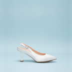Scarlett Chase White Rory 75 Slingback with a stable, sculpted heel and an adjustable backstrap buckle | Profile on light blue background