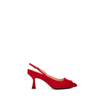 Scarlett Chase Row 75 Slingback Red Suede with a sculpted heel and Red Suede accessory | Profile on white background