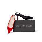 Scarlett Chase Row 75 Slingback Red Suede, Black Suede with a sculpted heel and Red Suede accessory  | Duo shot on white background with SC box