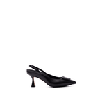 Scarlett Chase Row 75 Slingback Black Napa Leather with a sculpted heel and black croc Napa rectangular accessory | Profile on white background