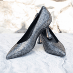 Scarlett Chase Soiree 75 Pump in Black Grey Metallic Snake Printed Napa | Profile on marble background