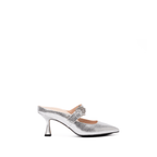 Scarlett Chase silver metallic Vivian 75 Backless Pump with a curved heel and crystal rhinestone buckle | Profile on white background
