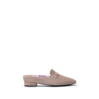 Scarlett Chase Weston Mule in Taupe Suede with floral lining and an SC gold accessory | Profile on white background